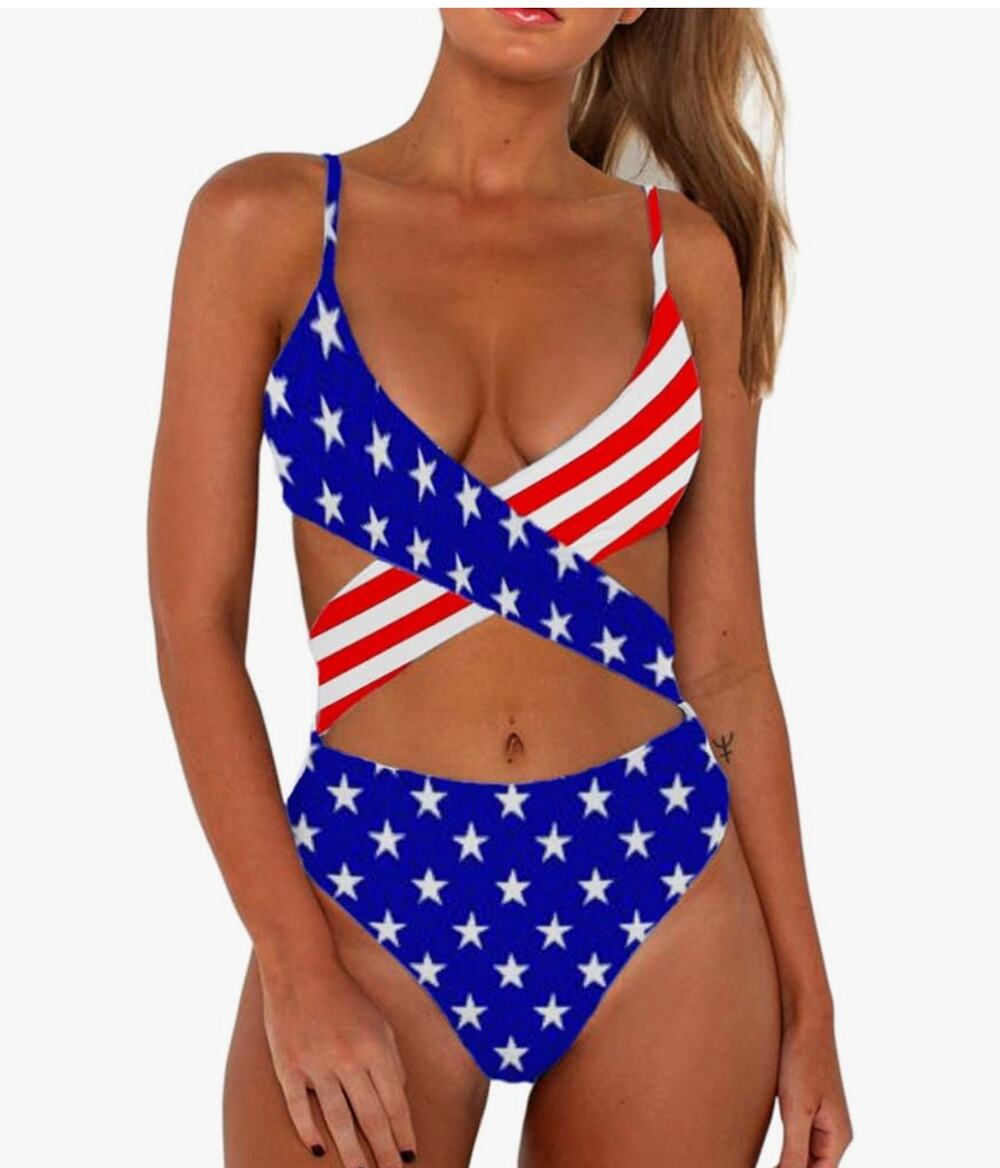 CHYRII *NEW* American Flag Sexy Criss Cross High Waisted Cut Out Swimsuit Sz XL
